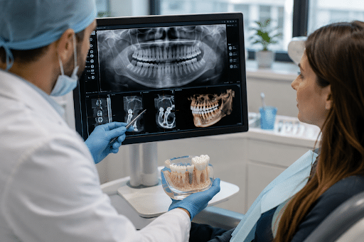 Oral surgeon reviewing 3D jaw scans and dental implant imaging with a patient during a consultation.