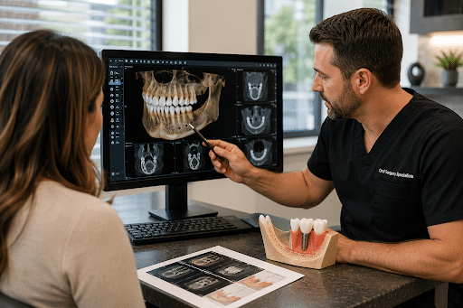 “Oral surgeon discussing bone grafting treatment options with a patient while reviewing 3D jaw imaging and a dental implant model.”