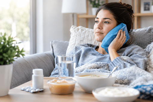 Woman recovering at home after bone grafting with a cold pack, soft foods, water, and medication nearby.