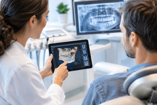 Dentist showing a patient a 3D jaw scan on a tablet during a consultation for possible bone grafting.