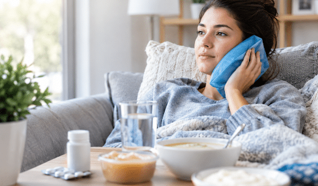 Woman recovering at home after bone grafting with a cold pack, soft foods, water, and medication nearby.