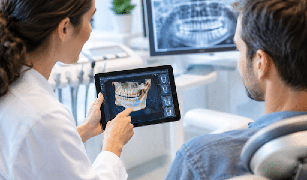 Dentist showing a patient a 3D jaw scan on a tablet during a consultation for possible bone grafting.